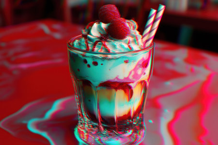 An anaglyph photograph of a colorful, psychedelic liquid, creating a trippy effect. --ar 3:2 --v 6.1 Job ID: e0d24cc9-9262-4ff8-b444-f7abfcd62dc2の素材