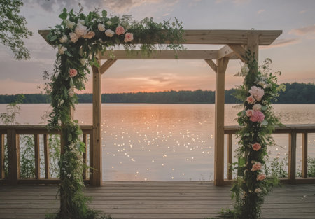 A wooden arbor decorated with pastel flowers and greenery stands in front of the lake, surrounded by fireflies at sunrise. The scene is set on an outdoor deck overlooking the water, creating a romantic atmosphere for a wedding ceremony decor. --ar 43:30 --v 6.1 Job ID: f626dfd0-aeaf-4169-81ce-39a2c4189f2aの素材