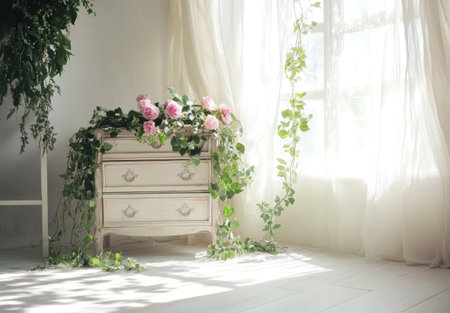 An elegant room with sheer curtains, delicate flowers, and soft pastel colors. A vintage chest of drawers is adorned with lush greenery and pink roses, creating an atmosphere filled with romantic charm. The sunlight filters through the window, casting gentle shadows on the white wooden floor, adding to its dreamy ambiance. --ar 43:30 --v 6.1 Job ID: ad3f0005-810b-4559-9828-be10ef644a69の素材