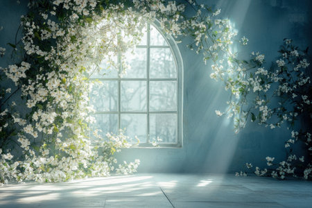 A wall with white flowers all over, a floor in front of the wall, an ethereal, misty atmosphere, soft lighting, a large window on the side, a blue background, a large archway made out of flower vines, whimsical and dreamlike, photorealistic, a photography backdrop, studio lighting. --ar 3:2 --v 6.1 Job ID: 080ff5b1-7603-4180-a1c8-9ae4c3bfd82cの素材