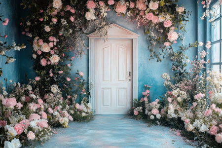 A soft, blue and pink backdrop for photography, featuring a fantasy fairy house with a white door surrounded by a floral arch and lush greenery. Flowers are scattered on the floor, creating a whimsical and dreamy atmosphere. The soft lighting adds to the enchanting ambiance. --ar 3:2 --v 6.1 Job ID: c97ce28c-63c7-400b-83a7-e6f5949f4d30の素材