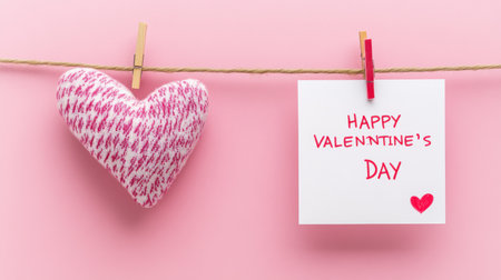 A white card with the text "HAPPY VALENTINE'S DAY" and the date written in red marker, hung on a clothesline next to a heart-shaped fabric decoration against a pink background. Detailed illustration, high-resolution photography, professional photograph. --chaos 30 --ar 16:9 --v 6.1 Job ID: c6943319-5442-4bbd-8183-0efcec7d87e5の素材