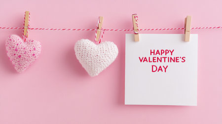 A white card with the text "HAPPY VALENTINE'S DAY" and the date written in red marker, hung on a clothesline next to a heart-shaped fabric decoration against a pink background. Detailed illustration, high-resolution photography, professional photograph. --chaos 30 --ar 16:9 --v 6.1 Job ID: c6943319-5442-4bbd-8183-0efcec7d87e5の素材