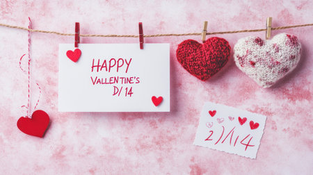 A white card with the inscription "HAPPY VALENTINE'S DAY" and red hearts is hung on a clothesline, against a pink background. A cute heart-shaped pillow hangs next to it. In front of them lies another paper sheet with hand-drawn text written in a handwriting style that says "2/14". The setting conveys an atmosphere full of love for Valentine's Day. --chaos 30 --ar 16:9 --v 6.1 Job ID: be4303a2-ae94-44e4-af94-39897f3a6907の素材