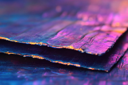 A blurry, iridescent, holographic rainbow-colored background with neon purple and blue hues. It is a close-up of the edge of an out-of-focus object. The focus should be on the edges of a piece of paper. There is plenty of space around it. --ar 3:2 --v 6.1 Job ID: 2ae9941a-8d44-495a-86b7-a7fa58356894の素材