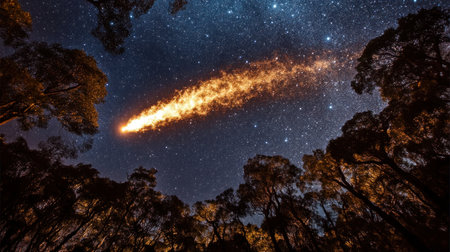 A meteorite falls from the sky, its trail glowing in white light against the black night skies. The fireball is large and has an orange glow around it, as if burning hot. It's leaving behind a long tail of red dust that adds to the color contrast between the dark space and the bright meteor. In front of it lies a forest with tall trees, their silhouettes visible against the starry background. This scene captures one of nature's most dramatic moments. --chaos 30 --ar 16:9 --v 6.1 Job ID: f694f9cc-c021-4716-ac82-7b445eb723a1の素材