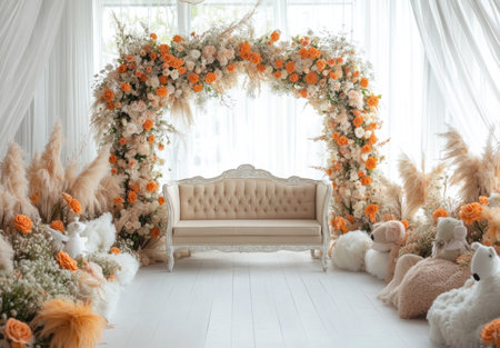 A large room decorated with orange and white flowers, a white wooden floor, a beige sofa surrounded by plush animals in the center of which stands an elegant chest. On top of the chest is an arch made from pampas grass, and the walls are adorned with curtains and garlands of pastel-colored roses. The light streaming through the windows creates a warm atmosphere. --ar 43:30 --v 6.1 Job ID: e133d1d8-451b-44c6-b081-e296d5757bafの素材