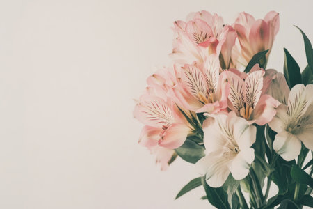 A bouquet of pink and white alstroemeria flowers with green leaves, on the right side of an empty space for text or product display, close-up shot, against a soft white background. The focus is sharp on the petals, capturing their delicate colors and textures. Soft natural light enhances the romantic feel of the composition. High resolution. --ar 3:2 --v 6.1 Job ID: 3410e2ce-8298-40a1-b8e0-8bda4a9af71bの素材
