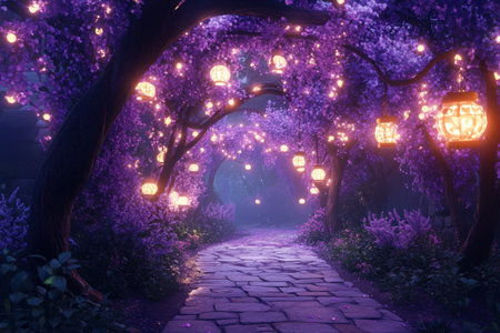 A beautiful, purple garden with glowing flowers, glowing trees, and lanterns hanging from the tree branches. A stone path leads through an archway of blossoming vines and flowers, creating a dreamy, nighttime atmosphere with cinematic lighting, in the style of Pixar. --ar 3:2 --v 6.1 Job ID: 3bc4dd72-201b-4e82-82b6-a255045eeb7fの素材