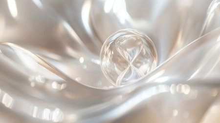 A close-up of an abstract light painting, light beams and swirls in soft beige tones, creating an ethereal atmosphere with motion blur effect. The focus is on the center where there's an out-of-focus object resembling an hourglass or glass sphere. This artwork symbolizes time passing by, as if captured at high speed, adding depth to its visual impact. It evokes nostalgia for moments past and future., ultra-realistic photograph captured, high-resolution 3D rendering using C4d and OC renderer. --chaos 30 --ar 16:9 --v 6.1 Job ID: d800394c-cb09-43e5-9e48-1fa91548ac2bの素材