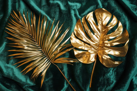 A close-up of two large gold leaves on the right, with one monstera leaf and another palm frond, placed next to each other against an emerald green velvet background. The gold leaves contrast beautifully against the dark color of the fabric, creating a luxurious feel. This top-down view captures both leaves in full frame, emphasizing their intricate details and textures. Soft lighting creates gentle shadows around them, adding depth to the composition. --ar 3:2 --v 6.1 Job ID: 5ac7d1ef-716d-4eb8-9795-9130b5d06a82の素材