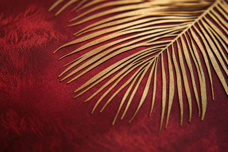 A close-up of an intricate palm leaf on a textured red background, with gold accents and subtle gradients for depth. The palm leaves create elegant patterns against the rich burgundy backdrop, adding contrast to the composition. This design is perfect as a sophisticated graphic element or print, combining nature's beauty with modern aesthetics. Flat lay. --ar 3:2 --v 6.1 Job ID: f6479985-5bcd-45a7-901d-c22a11293cf5の素材
