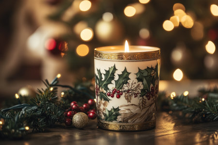 A candle with holly berries and evergreen leaves is placed on the table, surrounded by twinkling lights in front of an illuminated Christmas tree. --ar 3:2 --v 6.1 Job ID: 1afa67a9-d8ee-4a60-b643-cc41e032c14dの素材