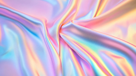 A close-up of iridescent holographic foil, reflecting light and creating mesmerizing patterns in shades of purple, pink, blue, green, yellow, white, and orange. The background is a soft gradient from pastel to vibrant hues, providing an elegant backdrop for text or design elements. This texture would be great as a background element on digital marketing materials like cards, posters, social media posts, web pages, etc., adding a touch of magic and sophistication. --chaos 30 --ar 16:9 --v 6.1 Job ID: 81fc9c19-b2ad-44f6-abed-c8abde4e7cdaの素材