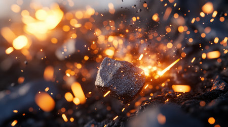 A close-up of an asteroid crashing into the ground, with debris flying everywhere and sparks lighting up the scene. The focus is on the rock in mid-air surrounded by scattered particles. Photorealistic 3D rendering capturing motion blur. --chaos 30 --ar 16:9 --v 6.1 Job ID: 8a84b3db-402a-43f9-b091-d85c732d1527の素材