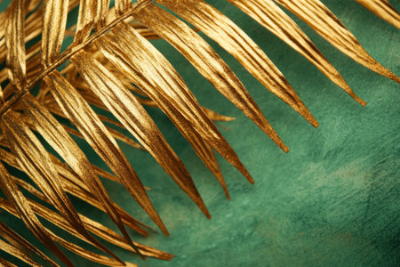 A close-up of golden palm fronds on a green background, symbolizing the holy and celestial nature of St. John's Day in Spain. The gold leaf adds an elegant touch to the traditional celebration. --ar 3:2 --v 6.1 Job ID: d45fee20-cb4b-4484-8bad-f0e16ba989e2の素材