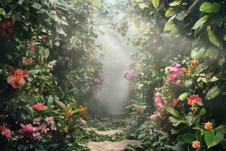 A fantasy digital painting of an enchanted forest filled with exotic flowers, vines, and plants. The background is foggy, and there's a path leading to the center of the frame. In the foreground, in focus, there are lush green leaves, exotic pink flower bushes, thick foliage, and some small animals hidden among them. Sunlight shines through the dense canopy of trees, creating dramatic shadows on the ground. The scene has a magical atmosphere. --ar 3:2 --v 6.1 Job ID: ff5c916d-9e44-488c-abb7-7823fc372790の素材