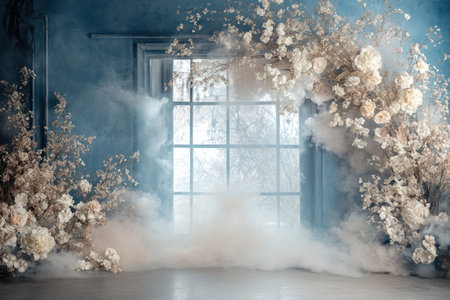 A photo backdrop for photography: a beautiful floral arch with white and beige flowers on the right side of an empty room with blue walls, smoke coming from under the door, a delicate floral arrangement, an ethereal mist, soft lighting, a romantic style, a large space in front of the wall, professional studio lighting, high-resolution photography, realistic, and elegant. --ar 3:2 --v 6.1 Job ID: e2bb3135-178c-4449-9042-59a85c6724d0の素材