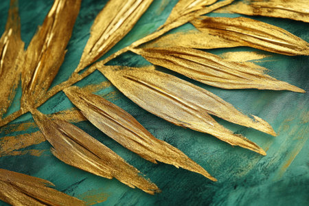 A close-up of golden palm fronds on a green background, symbolizing the holy and celestial nature of St. John's Day in Spain. The gold leaf adds an elegant touch to the traditional celebration. --ar 3:2 --v 6.1 Job ID: d45fee20-cb4b-4484-8bad-f0e16ba989e2の素材