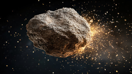 A macro shot of an asteroid impact, with sparks and debris flying everywhere. The focus is on the close-up view of one rock in sharp detail, set against the motion blur of its splintering effect around it. --chaos 30 --ar 16:9 --v 6.1 Job ID: 2cf5342a-0844-4f6d-98f7-770932886d02の素材