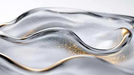 A close-up of the air, featuring an abstract light painting style with blurred edges and soft tones. The background is white, creating an ethereal atmosphere. Light waves emanate from within the circular glass bowl on top left corner, forming a delicate mist-like pattern in shades of gold yellow and silver gray. A subtle golden glow shines through the translucent glass, adding to its dreamy quality. It creates a sense of mystery and tranquility., focus stacking, depth map, fluid photography, wide angle lens --chaos 30 --ar 16:9 --v 6.1 Job ID: cf86d1b9-4f15-49e6-be0e-98eb51e257edの素材