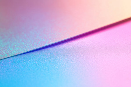 A blurry, iridescent, holographic rainbow-colored background with neon purple and blue hues. It is a close-up of the edge of an out-of-focus object. The focus should be on the edges of a piece of paper. There is plenty of space around it. --ar 3:2 --v 6.1 Job ID: 2ae9941a-8d44-495a-86b7-a7fa58356894の素材