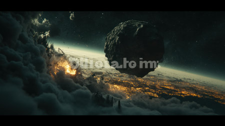 A massive asteroid is approaching Earth, about to hit the planet's surface and cause great destruction. The Earth is seen from space with dark clouds in front of it, and glowing city lights on its horizon. A huge meteor is visible, drawn as a pencil sketch, flying towards us. The background features stars in an atmosphere of tension. --chaos 30 --ar 16:9 --v 6.1 Job ID: 64a5f050-daee-410d-8532-1e35bdb540ddの素材