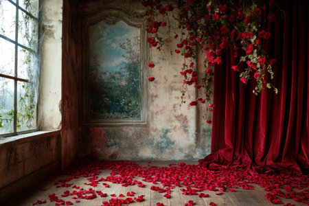 A photo backdrop for photography, featuring romantic red velvet curtains on the right side of the frame with red flowers hanging from them, and a painted wall in the background. The floor is covered in rose petals, and a window is visible on the left side of the frame. --ar 3:2 --v 6.1 Job ID: c1a9acbb-669d-4613-ac99-4215225233b0の素材