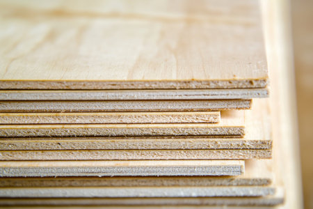 A close-up of light-colored plywood with natural wood grain, showcasing the texture and details of its surface. The background is neutral to highlight the wood's beauty. This image could be used for product images or as an illustration of quality materials in construction projects. --ar 3:2 --v 6.1 Job ID: 7ed93553-cf86-4e2f-b23b-4deefaceef5fの素材