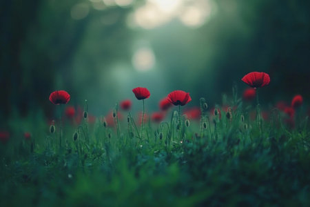 A field of poppies, seen from the side, with green grass in focus and a blurred background. The red flowers stand out against the lush greenery, creating an enchanting scene that captures nature's beauty. This photograph is taken during daylight, emphasizing the vibrant colors and natural light. --ar 3:2 --v 6.1 Job ID: ec1c9353-87be-4c2d-be0e-f25a29c79e62の素材