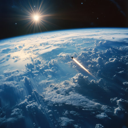 A photo of Earth from space, with a meteor falling through the sky. --v 6.1 Job ID: ddbb5a85-a5e8-416d-a990-8cb3084ae00bの素材