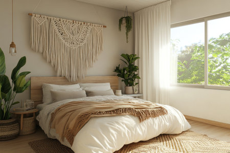 A boho-style bedroom with macrame hanging on the wall above the bed, a beige and white color scheme, a wooden floor, natural light from the window, a plant in the corner of the room, a cozy atmosphere, bohemian-inspired decor elements, and a simple yet elegant interior design. --ar 3:2 --v 6.1 Job ID: ba230e3e-b73c-496e-872b-cb142dd7d552の素材
