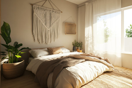 A boho-style bedroom with macrame hanging on the wall above the bed, a beige and white color scheme, a wooden floor, natural light from the window, a plant in the corner of the room, a cozy atmosphere, bohemian-inspired decor elements, and a simple yet elegant interior design. --ar 3:2 --v 6.1 Job ID: ba230e3e-b73c-496e-872b-cb142dd7d552の素材