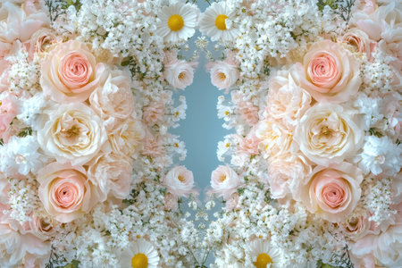 A beautiful background of pastel pink and cream roses, baby's breath flowers, daisies, and wildflowers. In the center, there is space for text, digital art, or a soft blue gradient background in a boho-style floral design. Detailed and high-resolution. --ar 3:2 --v 6.1 Job ID: f7e9b229-c705-4a0d-bc07-d80cc20db31fの素材