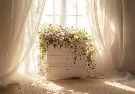 A beautiful room with an open window, a white chest of drawers covered in pink and green flowers, light beige curtains, a soft rug on the floor, delicate tulle, a romantic atmosphere, and warm, dreamy sunlight. --ar 43:30 --v 6.1 Job ID: 48116382-30a4-4814-bfd6-39a0991485f6の素材
