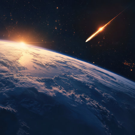 A photo of Earth from space, with a meteor falling through the sky. --v 6.1 Job ID: ddbb5a85-a5e8-416d-a990-8cb3084ae00bの素材