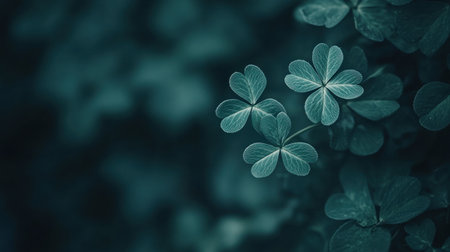 A close-up of green shamrocks against a dark background, symbolizing St. Patrick's Day and the tradition of good luck in America. --chaos 30 --ar 16:9 --v 6.1 Job ID: 99a15a6d-ba5b-48ef-8dda-3058b1cc6079の素材