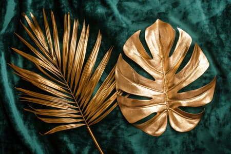 A close-up of two large gold leaves on the right, with one monstera leaf and another palm frond, placed next to each other against an emerald green velvet background. The gold leaves contrast beautifully against the dark color of the fabric, creating a luxurious feel. This top-down view captures both leaves in full frame, emphasizing their intricate details and textures. Soft lighting creates gentle shadows around them, adding depth to the composition. --ar 3:2 --v 6.1 Job ID: 5ac7d1ef-716d-4eb8-9795-9130b5d06a82の素材