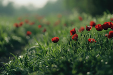 A field of poppies, seen from the side, with green grass in focus and a blurred background. The red flowers stand out against the lush greenery, creating an enchanting scene that captures nature's beauty. This photograph is taken during daylight, emphasizing the vibrant colors and natural light. --ar 3:2 --v 6.1 Job ID: ec1c9353-87be-4c2d-be0e-f25a29c79e62の素材