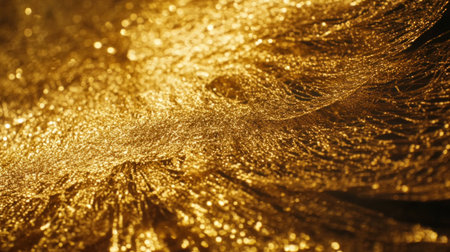 A close-up of the surface texture of gold, featuring flowing and shimmering liquid metal with intricate patterns and reflections, creating an ethereal glow. The background is filled with golden light, enhancing the luminous effect. This image should evoke luxury and opulence in high-definition detail, capturing every fine line on the metallic surface. It's perfect for design projects that feature gold textures or festive themes. --chaos 30 --ar 16:9 --v 6.1 Job ID: 5d2f1404-db2d-4adb-b128-bf6a6d22df18の素材