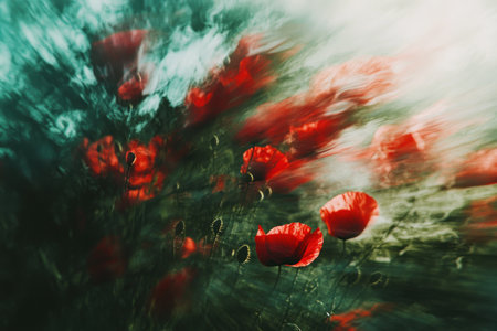 A field of poppies, red and green, with a blurred background, a grassy meadow, a close-up view, depth of field, professional photography, sharp focus, captured with a high-resolution digital camera and a wide-angle lens. --ar 3:2 --v 6.1 Job ID: d4c66b90-675c-4634-a661-26bdfac2fdb4の素材