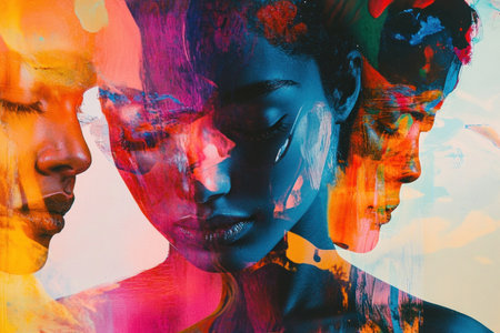 A close-up of an abstract painting with multiple figures melting into each other, featuring vibrant colors and psychedelic patterns, reminiscent of 35mm film stills photography in the style of [unknown artist]. --ar 3:2 --v 6.1 Job ID: 495be64f-7c98-4321-b033-5d3b74d57a80の素材