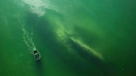 An overhead view of an emerald green sea, with the faint outline and shape of mermaids visible on its surface. The underwater scene is illuminated by moonlight, casting gentle shadows across the water's shimmering texture. --chaos 30 --ar 16:9 --v 6.1 Job ID: d690a125-51b9-4d5a-8252-94ac12f82d69の素材