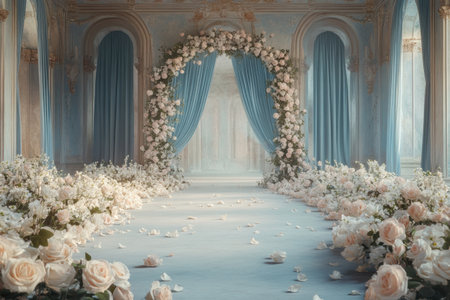 A photograph depicting an arched structure decorated with pastel-colored roses and blue curtains, serving as a backdrop for a photoshoot. The style is reminiscent of the Baroque era. In the foreground, there is an empty floor covered with white flowers. --ar 3:2 --v 6.1 Job ID: 3e79b504-a49d-468c-b02c-8bd520758815の素材