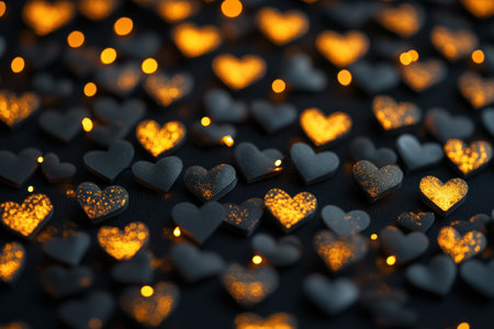 A background of glowing hearts on a black canvas, creating an enchanting and romantic atmosphere for Valentine's Day or special events. The golden lights create a warm glow that adds depth to the scene. A photo taken with a Canon EOS R5 camera using a macro lens at an f/2.8 aperture, ISO 400 for fine detail capture. --ar 3:2 --v 6.1 Job ID: fd500e4d-15a7-45c2-80df-1ce587b299a7の素材