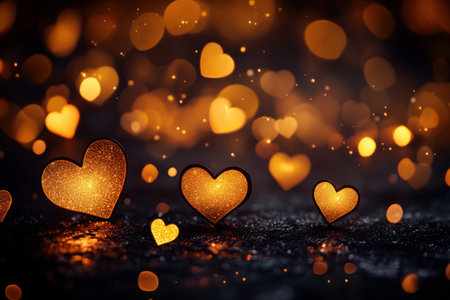 A background of glowing hearts on a black canvas, creating an enchanting and romantic atmosphere for Valentine's Day or special events. The golden lights create a warm glow that adds depth to the scene. A photo taken with a Canon EOS R5 camera using a macro lens at an f/2.8 aperture, ISO 400 for fine detail capture. --ar 3:2 --v 6.1 Job ID: fd500e4d-15a7-45c2-80df-1ce587b299a7の素材