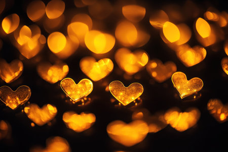 A background of glowing hearts on a black canvas, creating an enchanting and romantic atmosphere for Valentine's Day or special events. The golden lights create a warm glow that adds depth to the scene. A photo taken with a Canon EOS R5 camera using a macro lens at an f/2.8 aperture, ISO 400 for fine detail capture. --ar 3:2 --v 6.1 Job ID: fd500e4d-15a7-45c2-80df-1ce587b299a7の素材