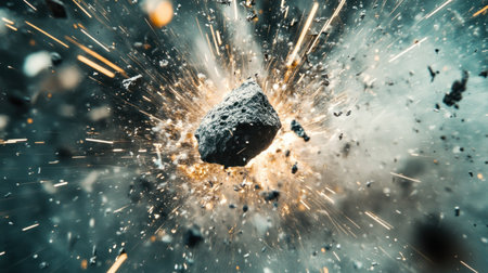 A macro shot of an asteroid impact, with sparks and debris flying everywhere. The focus is on the close-up view of one rock in sharp detail, set against the motion blur of its splintering effect around it. --chaos 30 --ar 16:9 --v 6.1 Job ID: 2cf5342a-0844-4f6d-98f7-770932886d02の素材