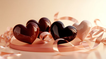 An ultra-realistic rendering of the Valentine's Day podium with a rose gold and pink color palette, featuring floating hearts in shades of light brown and dark red, adorned by ribbons, set against a soft peach background. This composition should exude romance and celebration for the happy Valentine's Day. --chaos 30 --ar 16:9 --v 6.1 Job ID: d3e81265-8af8-427d-9326-17171453c5e4の素材