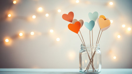 A glass jar with three wooden sticks in it, on which paper hearts of different sizes and colors are attached. The background is a light gray. There is an empty table in the foreground. White fairy lights hang from above. The composition is centered and symmetrical. --chaos 30 --ar 16:9 --v 6.1 Job ID: 673d7d51-d749-4007-a219-97d602811da9の素材